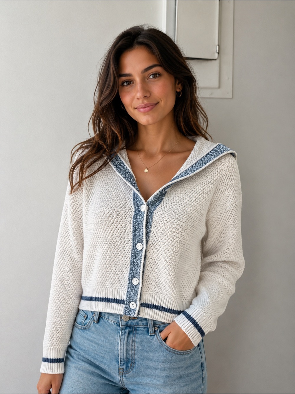 Cream Knit Hooded Cardigan Sweater – Size Medium